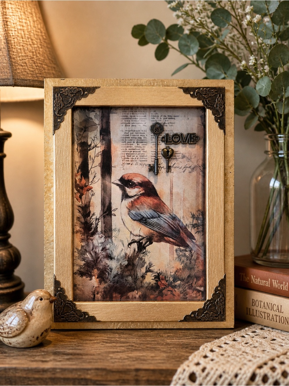 Framed Bird Art Print with Gold Accent mixed media 9” x 7” Hand crafted